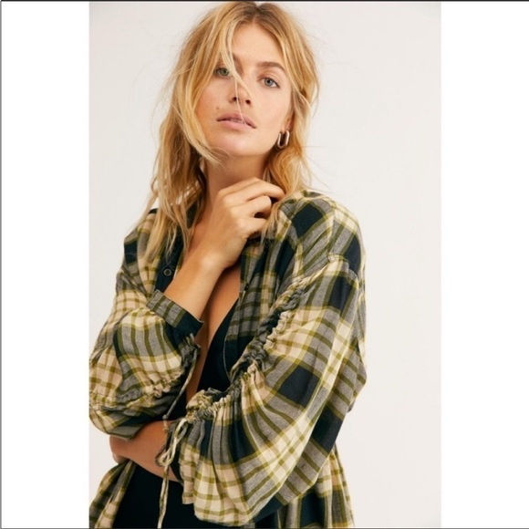 FREE PEOPLE PACIFIC DAWN PLAID SNAP RUCHED SLEEVE WOOL BLEND FLANNEL TOP S NWT - Picture 7 of 14